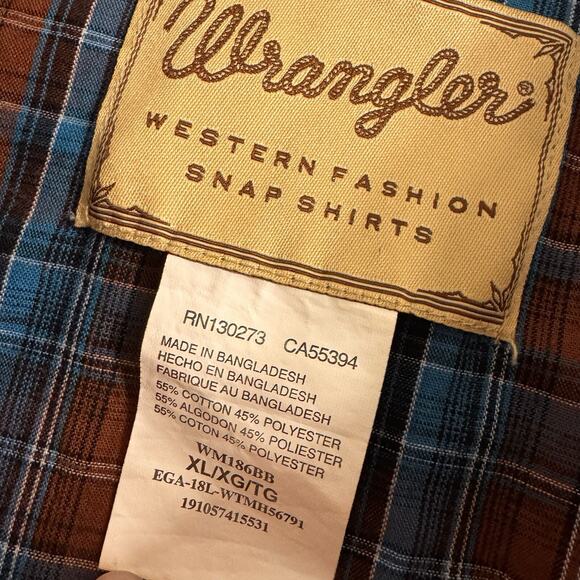 VTG Wrangler Shirt Mens XL Brown Blue Plaid Western Pearl Snap Rodeo Cowboy - Picture 3 of 4